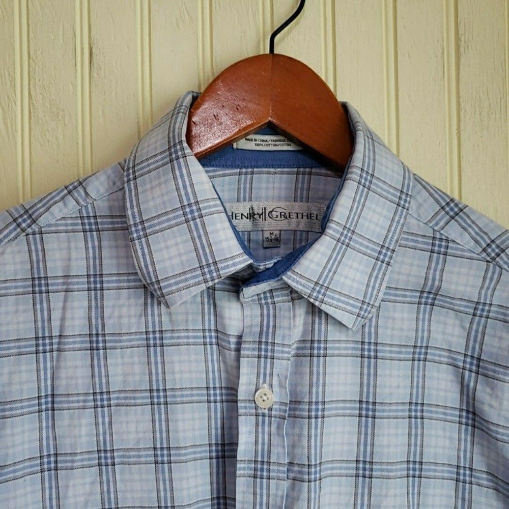 Henry Grethel Shirt Mens Medium Blue Plaid Long Sleeve Cotton Button Up Casual